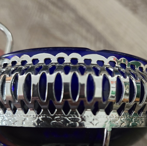 Moyell Classic Cobalt Blue Glass Chrome Creamer Sugar Bowl Filigree England NOS - Picture 4 of 11